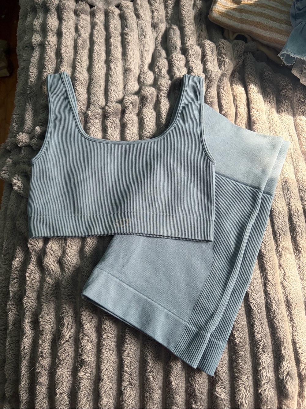 SET Active Ribbed Scoop Bralette & High-Waist Shorts — Light Blue